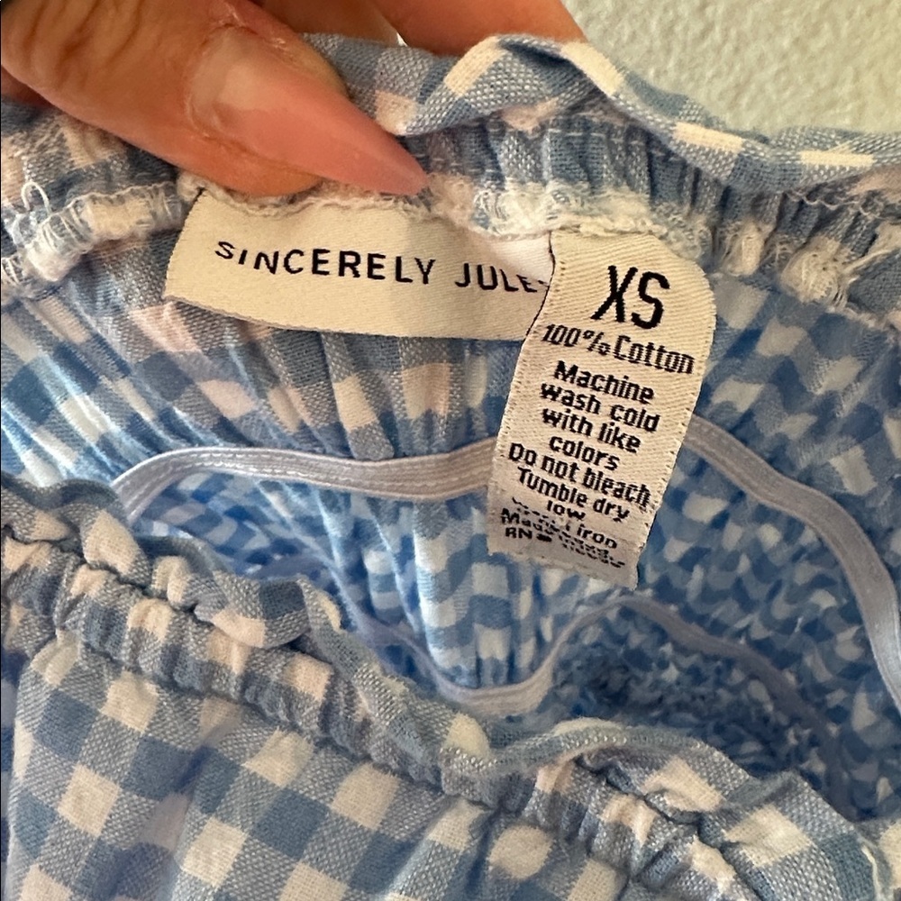 Sincerely Jules Blue Gingham Smocked Sleeveless Ruffled Wide Leg Jumpsuit, XS - Picture 2 of 7